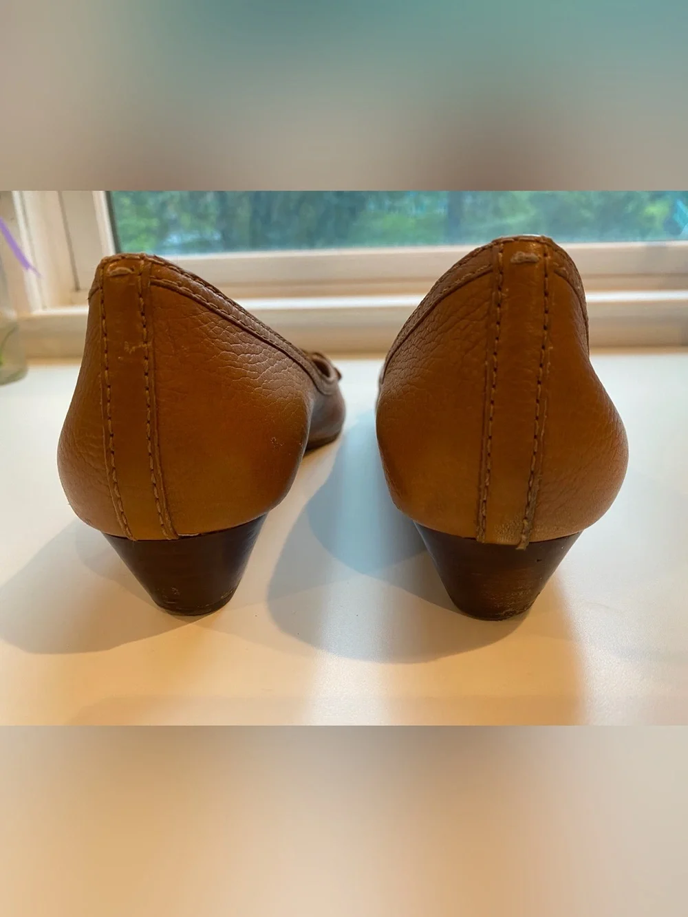 Tory Burch Brown Leather Peep-Toe low wedge with gold logo